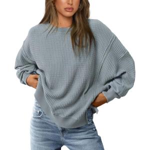 imagePRETTYGARDEN Womens 2024 Fall Oversized Crewneck Sweatshirts Casual Long Sleeve Pullover Waffle Knit Shirts TopLight Grey Blue