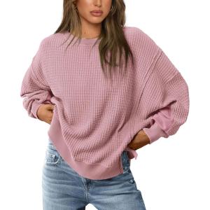 imagePRETTYGARDEN Womens 2024 Fall Oversized Crewneck Sweatshirts Casual Long Sleeve Pullover Waffle Knit Shirts TopPink