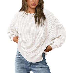imagePRETTYGARDEN Womens 2024 Fall Oversized Crewneck Sweatshirts Casual Long Sleeve Pullover Waffle Knit Shirts TopWhite