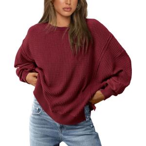 imagePRETTYGARDEN Womens 2024 Fall Oversized Crewneck Sweatshirts Casual Long Sleeve Pullover Waffle Knit Shirts TopWine Red