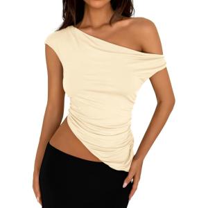 imagePRETTYGARDEN Womens 2024 Summer Off The Shoulder Crop Tops Sleeveless One Shoulder Ruched Asymmetrical Y2K Going Out Tank TopBeige Yellow
