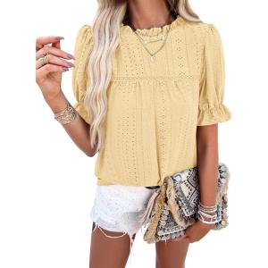 imagePRETTYGARDEN Womens 2024 Summer Tops Casual Crewneck Ruffle Short Sleeve Eyelet Babydoll Blouse ShirtsApricot