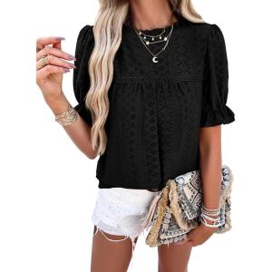 imagePRETTYGARDEN Womens 2024 Summer Tops Casual Crewneck Ruffle Short Sleeve Eyelet Babydoll Blouse ShirtsBlack