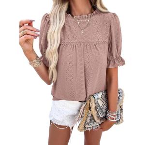imagePRETTYGARDEN Womens 2024 Summer Tops Casual Crewneck Ruffle Short Sleeve Eyelet Babydoll Blouse ShirtsDusty Pink
