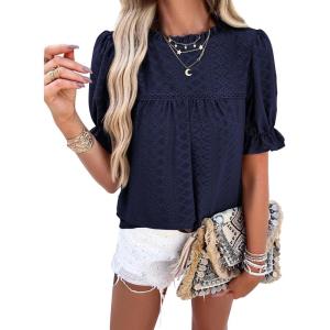 imagePRETTYGARDEN Womens 2024 Summer Tops Casual Crewneck Ruffle Short Sleeve Eyelet Babydoll Blouse ShirtsNavy