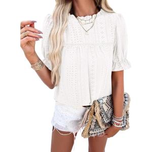imagePRETTYGARDEN Womens 2024 Summer Tops Casual Crewneck Ruffle Short Sleeve Eyelet Babydoll Blouse ShirtsWhite