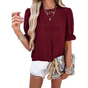 imagePRETTYGARDEN Womens 2024 Summer Tops Casual Crewneck Ruffle Short Sleeve Eyelet Babydoll Blouse ShirtsWine Red