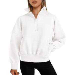 imagePRETTYGARDEN Womens Half Zip Sweatshirts Hoodies 2024 Trendy Long Sleeve Pullover Tops Fall Winter Outfits with PocketsWhite