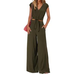 imagePRETTYGARDEN Womens Summer 2 Piece Outfits 2024 Cap Sleeve V Neck Belted Crop Tops Wide Leg Pant Sets Casual TracksuitSolid Army Green
