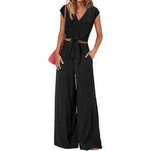 imagePRETTYGARDEN Womens Summer 2 Piece Outfits 2024 Cap Sleeve V Neck Belted Crop Tops Wide Leg Pant Sets Casual TracksuitSolid Black