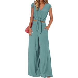 imagePRETTYGARDEN Womens Summer 2 Piece Outfits 2024 Cap Sleeve V Neck Belted Crop Tops Wide Leg Pant Sets Casual TracksuitSolid Blue Green