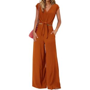 imagePRETTYGARDEN Womens Summer 2 Piece Outfits 2024 Cap Sleeve V Neck Belted Crop Tops Wide Leg Pant Sets Casual TracksuitSolid Brown Orange