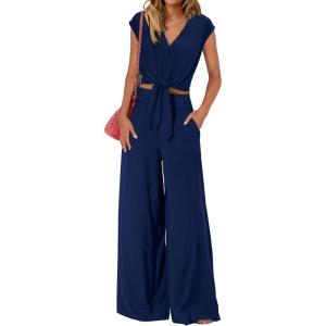 imagePRETTYGARDEN Womens Summer 2 Piece Outfits 2024 Cap Sleeve V Neck Belted Crop Tops Wide Leg Pant Sets Casual TracksuitSolid Dark Blue