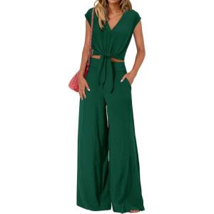 imagePRETTYGARDEN Womens Summer 2 Piece Outfits 2024 Cap Sleeve V Neck Belted Crop Tops Wide Leg Pant Sets Casual TracksuitSolid Dark Green