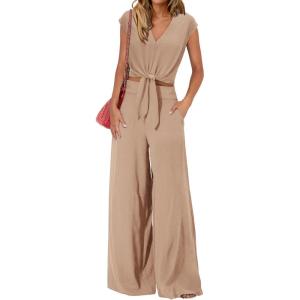 imagePRETTYGARDEN Womens Summer 2 Piece Outfits 2024 Cap Sleeve V Neck Belted Crop Tops Wide Leg Pant Sets Casual TracksuitSolid Khaki