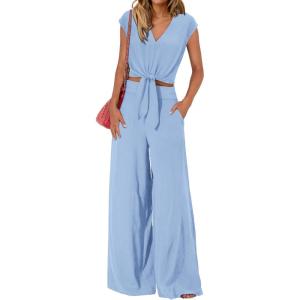imagePRETTYGARDEN Womens Summer 2 Piece Outfits 2024 Cap Sleeve V Neck Belted Crop Tops Wide Leg Pant Sets Casual TracksuitSolid Light Blue