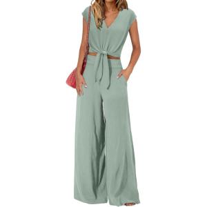 imagePRETTYGARDEN Womens Summer 2 Piece Outfits 2024 Cap Sleeve V Neck Belted Crop Tops Wide Leg Pant Sets Casual TracksuitSolid Light Green