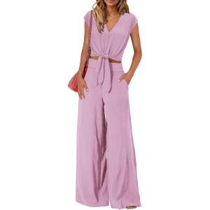 imagePRETTYGARDEN Womens Summer 2 Piece Outfits 2024 Cap Sleeve V Neck Belted Crop Tops Wide Leg Pant Sets Casual TracksuitSolid Light Purple