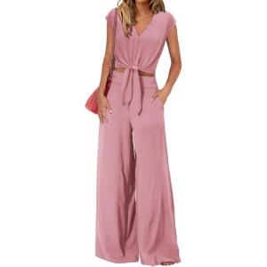 imagePRETTYGARDEN Womens Summer 2 Piece Outfits 2024 Cap Sleeve V Neck Belted Crop Tops Wide Leg Pant Sets Casual TracksuitSolid Pink