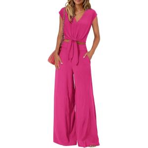 imagePRETTYGARDEN Womens Summer 2 Piece Outfits 2024 Cap Sleeve V Neck Belted Crop Tops Wide Leg Pant Sets Casual TracksuitSolid Rose Red