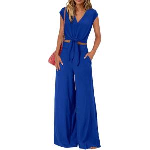 imagePRETTYGARDEN Womens Summer 2 Piece Outfits 2024 Cap Sleeve V Neck Belted Crop Tops Wide Leg Pant Sets Casual TracksuitSolid Royal Blue