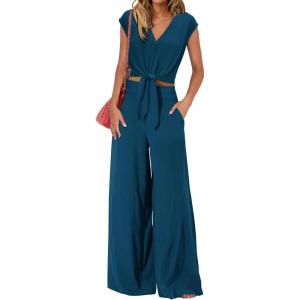 imagePRETTYGARDEN Womens Summer 2 Piece Outfits 2024 Cap Sleeve V Neck Belted Crop Tops Wide Leg Pant Sets Casual TracksuitSolid Teal