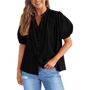 imagePRETTYGARDEN Womens Summer Button Down Shirts Short Lantern Sleeve V Neck Cotton Cute Dressy Casual Ladies Tops BlousesBlack
