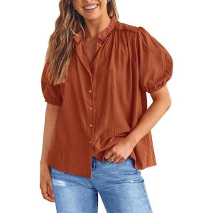 imagePRETTYGARDEN Womens Summer Button Down Shirts Short Lantern Sleeve V Neck Cotton Cute Dressy Casual Ladies Tops BlousesBrick Red