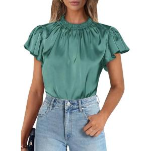 imagePRETTYGARDEN Womens Summer Satin Blouse Shirt Dressy Casual Ruffle Short Sleeve Crewneck Work Party TopsAqua Green