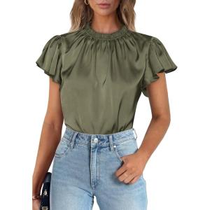 imagePRETTYGARDEN Womens Summer Satin Blouse Shirt Dressy Casual Ruffle Short Sleeve Crewneck Work Party TopsArmy Green