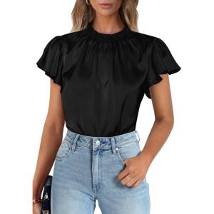 imagePRETTYGARDEN Womens Summer Satin Blouse Shirt Dressy Casual Ruffle Short Sleeve Crewneck Work Party TopsBlack