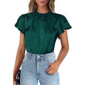 imagePRETTYGARDEN Womens Summer Satin Blouse Shirt Dressy Casual Ruffle Short Sleeve Crewneck Work Party TopsDark Green