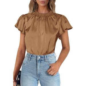 imagePRETTYGARDEN Womens Summer Satin Blouse Shirt Dressy Casual Ruffle Short Sleeve Crewneck Work Party TopsDark Khaki