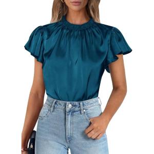 imagePRETTYGARDEN Womens Summer Satin Blouse Shirt Dressy Casual Ruffle Short Sleeve Crewneck Work Party TopsDark Sea Blue