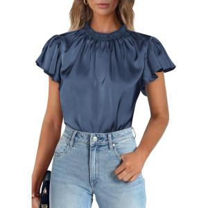 imagePRETTYGARDEN Womens Summer Satin Blouse Shirt Dressy Casual Ruffle Short Sleeve Crewneck Work Party TopsGrey Blue