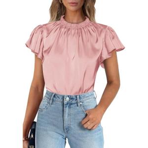 imagePRETTYGARDEN Womens Summer Satin Blouse Shirt Dressy Casual Ruffle Short Sleeve Crewneck Work Party TopsPink