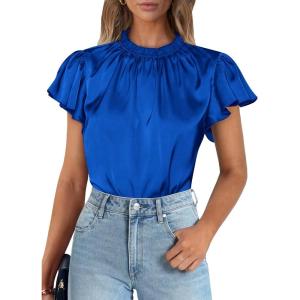 imagePRETTYGARDEN Womens Summer Satin Blouse Shirt Dressy Casual Ruffle Short Sleeve Crewneck Work Party TopsRoyal Blue