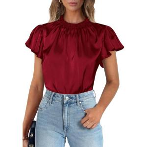 imagePRETTYGARDEN Womens Summer Satin Blouse Shirt Dressy Casual Ruffle Short Sleeve Crewneck Work Party TopsWine Red