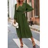 imagePRETTYGARDEN Womens Floral Print Boho Dress Long Sleeve Wrap V Neck Ruffle Belted ALine Flowy Maxi DressesSolid Army Green