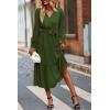 imagePRETTYGARDEN Womens Floral Print Boho Dress Long Sleeve Wrap V Neck Ruffle Belted ALine Flowy Maxi DressesSolid Army Green