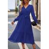 imagePRETTYGARDEN Womens Floral Print Boho Dress Long Sleeve Wrap V Neck Ruffle Belted ALine Flowy Maxi DressesSolid Blue