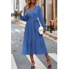 imagePRETTYGARDEN Womens Floral Print Boho Dress Long Sleeve Wrap V Neck Ruffle Belted ALine Flowy Maxi DressesSolid Dark Bule