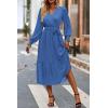 imagePRETTYGARDEN Womens Floral Print Boho Dress Long Sleeve Wrap V Neck Ruffle Belted ALine Flowy Maxi DressesSolid Dark Bule