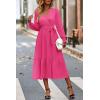 imagePRETTYGARDEN Womens Floral Print Boho Dress Long Sleeve Wrap V Neck Ruffle Belted ALine Flowy Maxi DressesSolid Rose Red