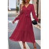 imagePRETTYGARDEN Womens Floral Print Boho Dress Long Sleeve Wrap V Neck Ruffle Belted ALine Flowy Maxi DressesSolid Wine Red