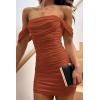 imagePRETTYGARDEN Womens Summer Mini Ruched Bodycon Dress Off Shoulder Sleeveless Cocktail Party Short Fitted DressCaramel