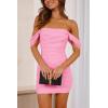 imagePRETTYGARDEN Womens Summer Mini Ruched Bodycon Dress Off Shoulder Sleeveless Cocktail Party Short Fitted DressPink