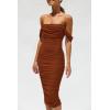 imagePRETTYGARDEN Womens Summer Off The Shoulder Ruched Bodycon Dresses Sleeveless Fitted Party Club Midi DressCaramel