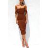 imagePRETTYGARDEN Womens Summer Off The Shoulder Ruched Bodycon Dresses Sleeveless Fitted Party Club Midi DressCaramel