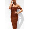 imagePRETTYGARDEN Womens Summer Off The Shoulder Ruched Bodycon Dresses Sleeveless Fitted Party Club Midi DressCaramel
